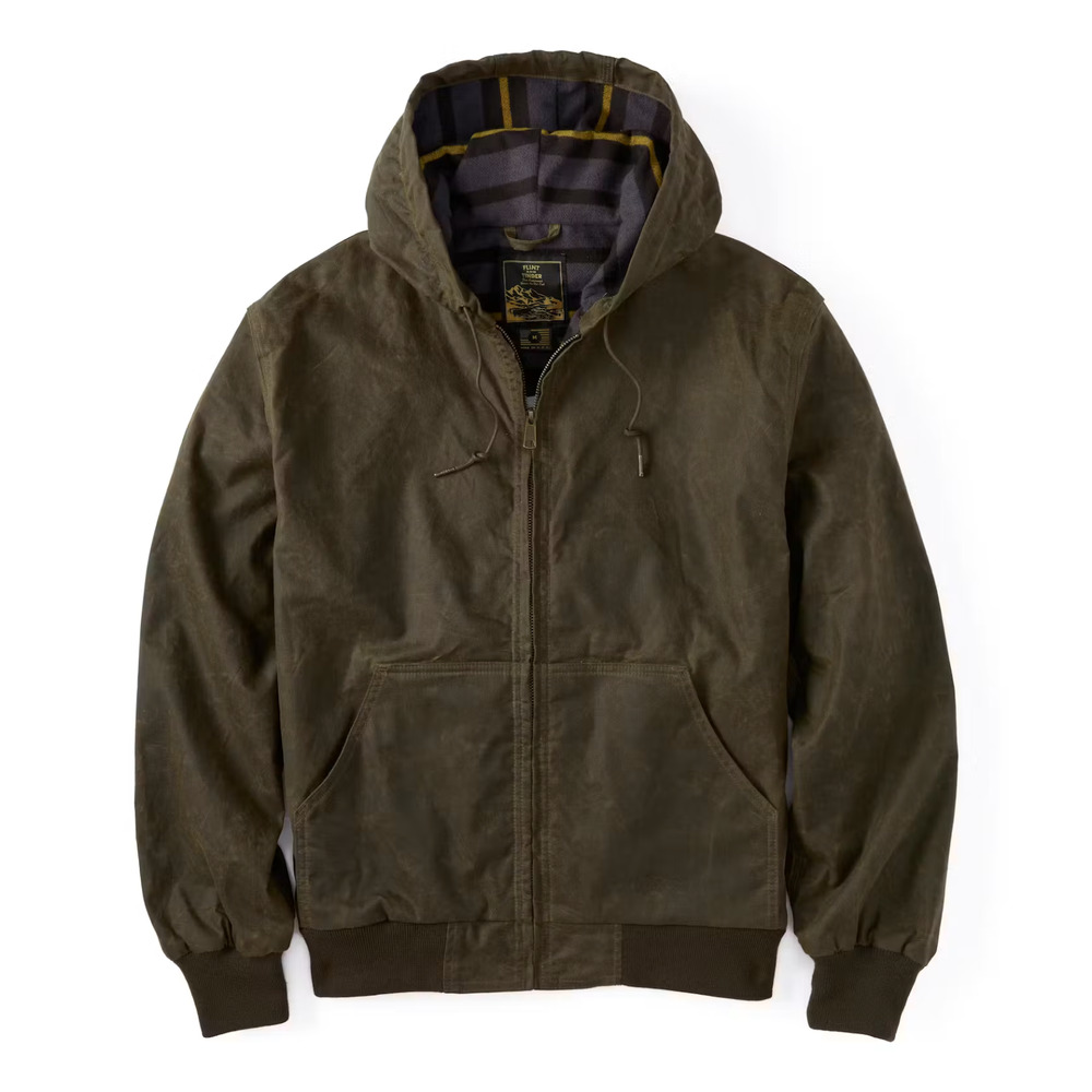 Flint & Tinder Flannel-Lined Hooded Waxed Jacket in Forest MiUSA Small
